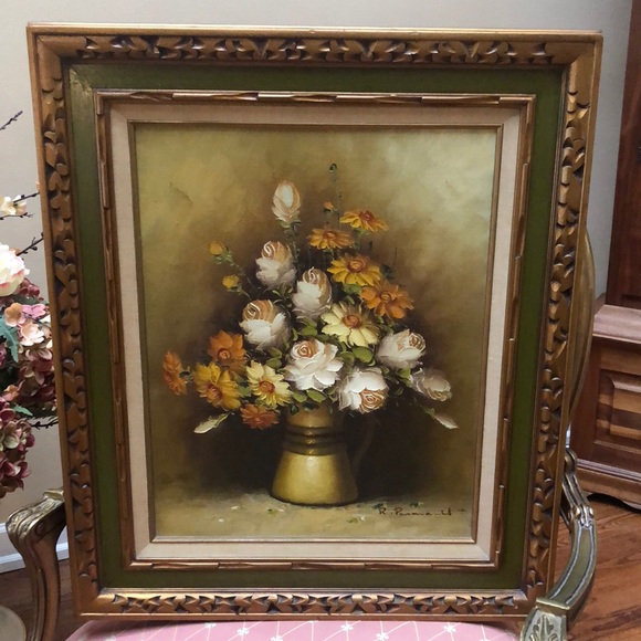 Painting With gold and green frame gold orange cream flowers in a vase